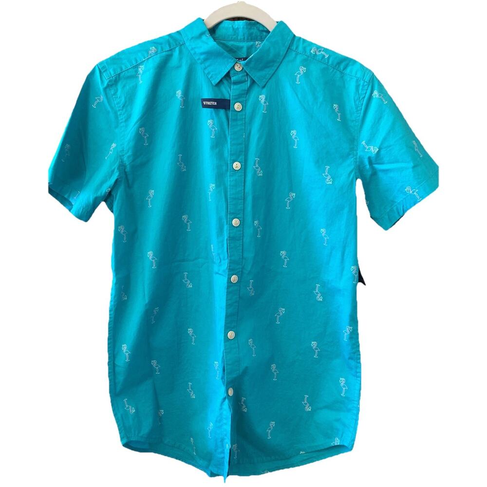 GEORGE Hawaiian Flamingo Slim Fit Stretch Button Up Shirt Men’s Size Small Beach